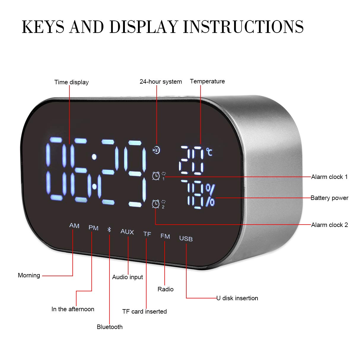 Mirror Design LED Bluetooth Wireless Speaker Alarm CLock